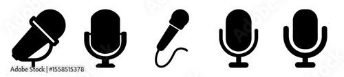A collection of simple black and white microphone icons in various styles