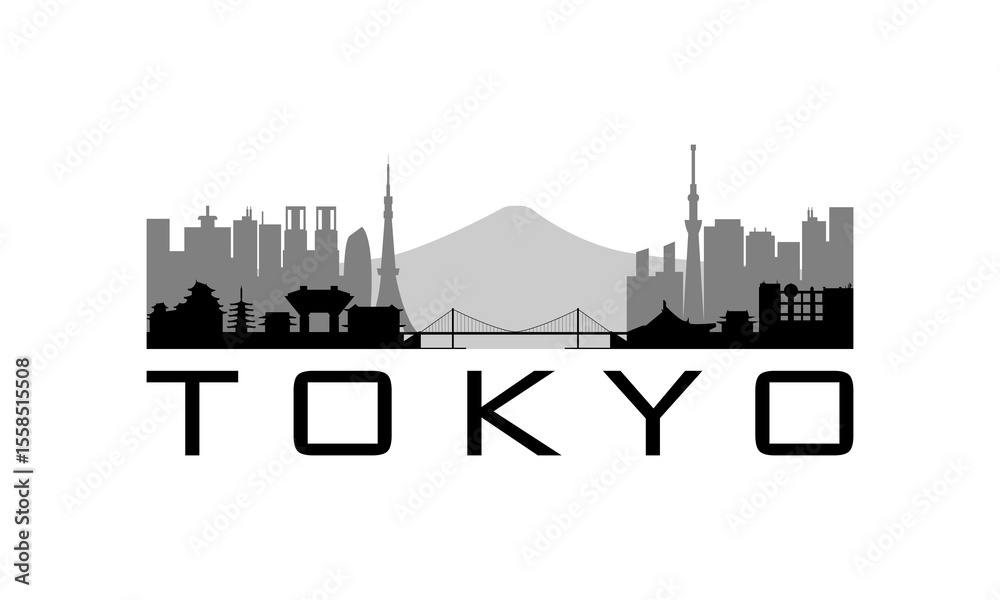 Fototapeta premium Vector silhouette of Tokyo skyline with famous landmarks, modern skyscrapers, temples, and bridges. Clean flat design ideal for travel posters, editorial, presentations, and creative projects.