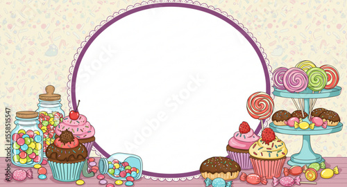 Bakery Shop Logo with Cupcake and Candy Elements – Flat Vector
