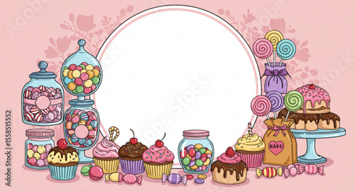 Sweet Bakery Logo with Cupcakes and Candies – Vector Illustration