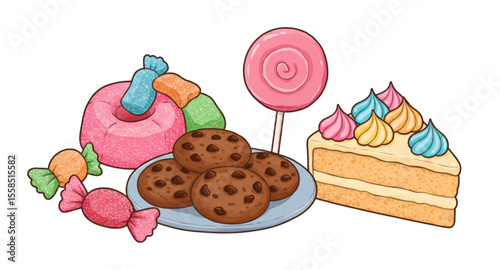 Cute Dessert Collection – Cakes, Cookies, and Candies Vector
