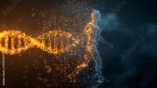 A transformation from gene to digital immortality, a glowing DNA helix on the left dissolving into particles that become a digital human silhouette