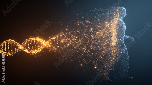 A transformation from gene to digital immortality, a glowing DNA helix on the left dissolving into particles that become a digital human silhouette