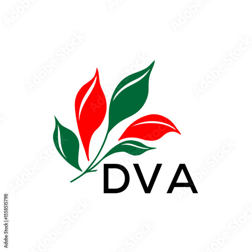 Modern Leaf Logo Design with Red and Green Colors, DVA Later Logo, Nature Inspired Minimalist Logo Template, Professional Plant Logo for Business Branding.

