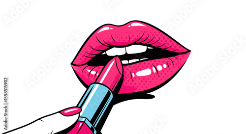 A woman applying lipstick — a stylish digital pop art illustration on a white background, perfect for beauty advertising, makeup brand packaging, cosmetic e-shops, fashion blogs, design