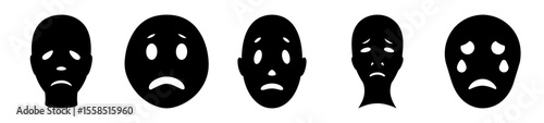 A series of stylized sad black faces exhibiting various emotions of sorrow