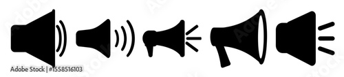 Collection of black speaker and megaphone icons on white background illustration