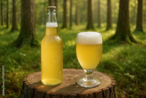 Refreshing gluten free beer standing on tree stump in sunny forest