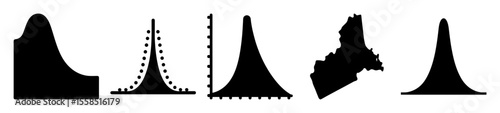 Various Black Silhouettes against White Background Including Statistical Graphs and a Map