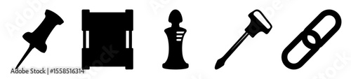 Black and white illustration of stationery, office, and tool icons design