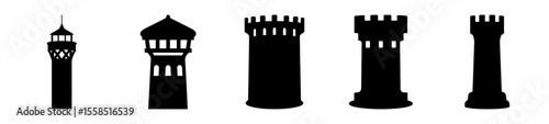 Five Silhouetted Tower Variations Embodying Medieval and Castle Architecture with Black Designs
