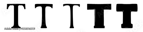 Five distinct representations of the letter T in various typographic styles