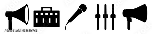Black vector icons representing audio equipment including megaphones microphone mixing board