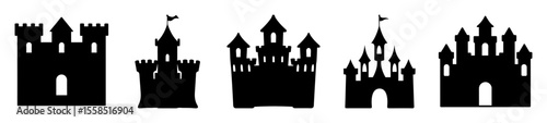 A collection of five different castle silhouettes in black on white background