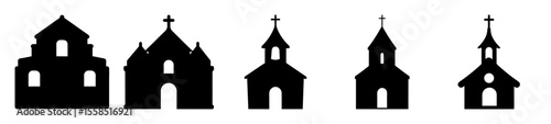 Five distinct church silhouettes arranged in a row showcasing architectural diversity