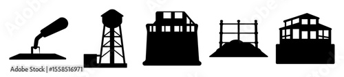 Silhouette depictions of industrial structures and architectural elements on white background