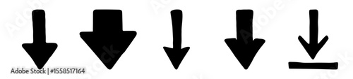 Collection of different hand drawn arrow icons pointing downwards on white background