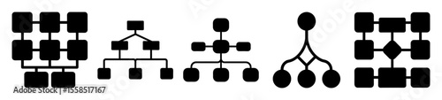 Collection of organization charts and flow diagrams representing hierarchical structures