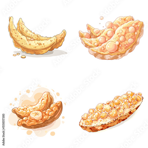 Crispy traditional snack illustrations with bubbly textures and golden brown tones, ideal for Asian treats, food packaging, and dessert menu visuals.

