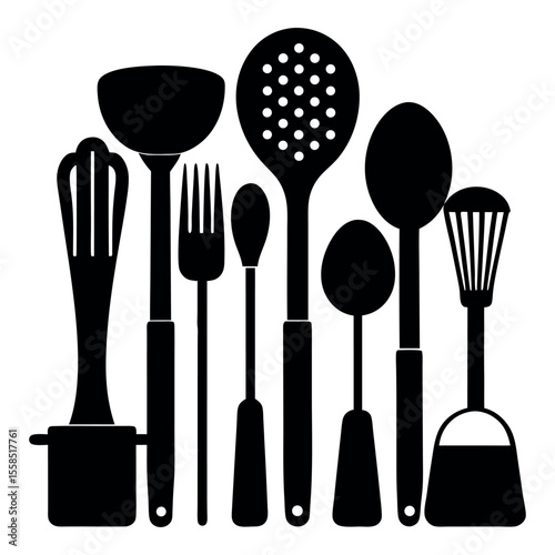 Silhouette vector of common kitchen utensils including spoons, spatulas, ladles, and tongs, arranged neatly on a white background.