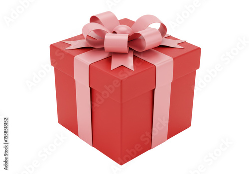 Isolated Square Red Gift Box Tied with a Delicate Pink Ribbon