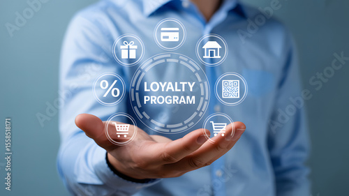 A person presents a loyalty program concept, highlighting benefits such as discounts, gift cards, credit cards, and points for a rewarding customer experience.