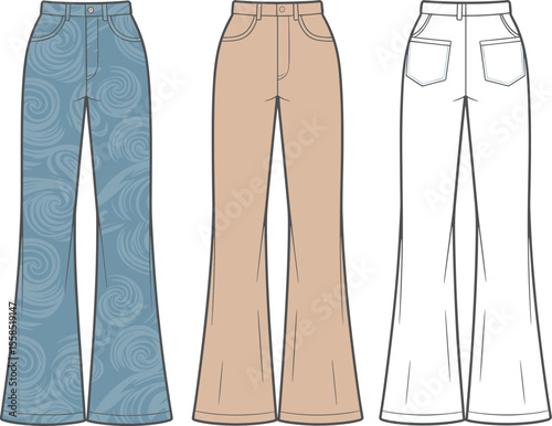 Women's Retro Fashion Flat Sketch: High-Waisted Flare Jeans with Swirl Pattern Option, Versatile Denim Apparel Design for Casual, Bohemian, and Stylish Everyday Wear Illustration.