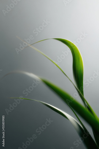 minimalist studio photograph of single windcurved grass blade in soft twilight light