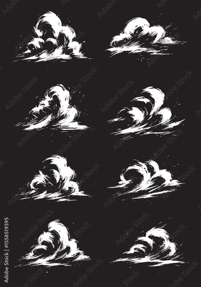 Fototapeta premium Expressive brush-style cloud sketches in white over black, stylized with bold strokes and dynamic motion.