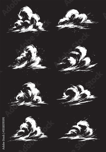 Expressive brush-style cloud sketches in white over black, stylized with bold strokes and dynamic motion.
