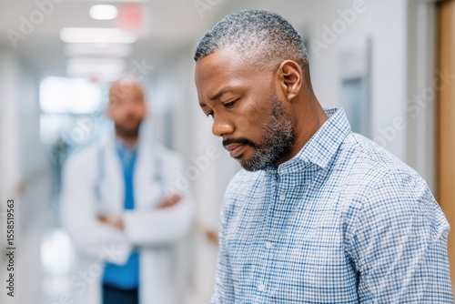 A man with graying hair looks downward, with a healthcare professional standing in the background, out of focus.