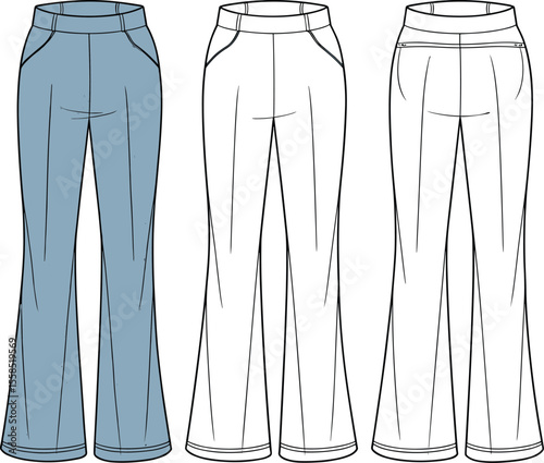 Women's Fashion Flat Sketch: High-Waisted Flare Pants with Front Crease, Elegant Apparel Design for Professional Business Wear, Chic Casual, and Stylish Everyday Illustration.