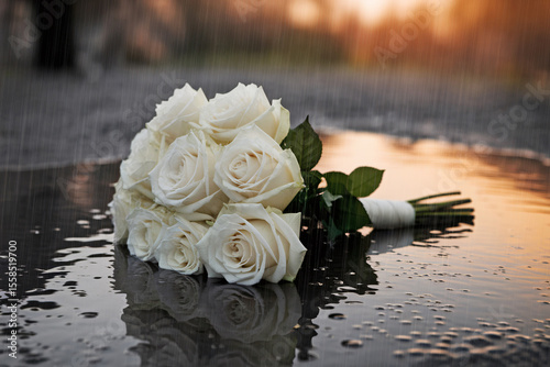 White rose wedding bouquet in puddle during heavy rain. Dramatic image symbolizes heartbreak and the emotional weight of a ruined wedding