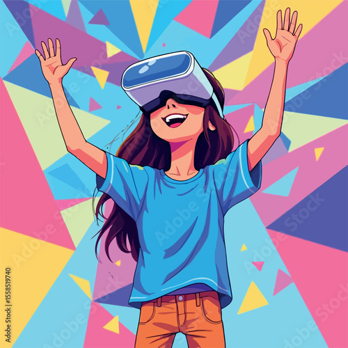 Vsai young girl wearing virtual reality headset interacting with metaverse simulation