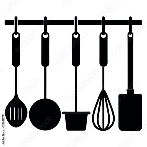 Silhouette vector of hanging kitchen tools like spatulas, ladles, and whisks from a rod, black solid shapes on white.
