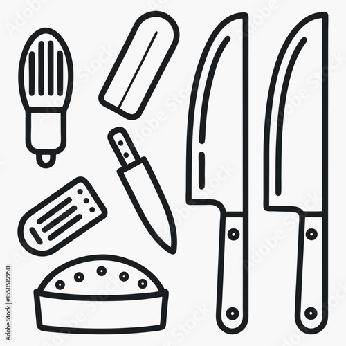 Simple black line art set of different kitchen knives including chef’s knife, cleaver, paring knife, and bread knife, vector isolated icons.