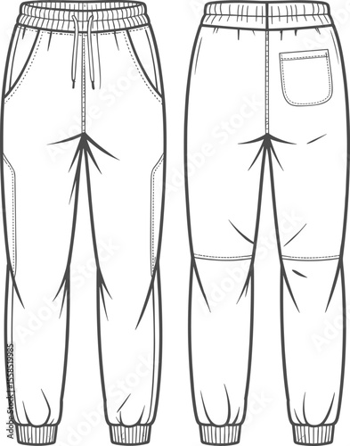 Unisex Casual Wear Flat Sketch: Comfortable Knit Jogger Pants with Drawstring Waist and Ribbed Ankles, Versatile Apparel Design for Loungewear, Activewear, and Everyday Style Illustration.
