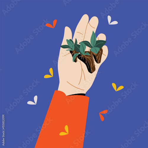 Hand Holding Seedlings with Roots Illustration Growth and Nature 