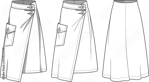 Women's Fashion Flat Sketch: Asymmetrical Wrap Skirt with Button Closure and Patch Pocket, Trendy Apparel Design for Modern, Casual, and Stylish Everyday Wear Illustration.