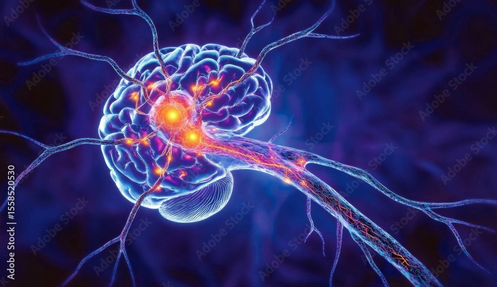 Fototapeta premium Realistic illustration of a brain with neural connections, symbolizing mental health and emotions. The background is dark blude
