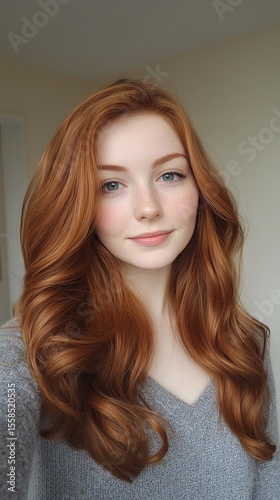 Silky chestnut hair with soft curl ends.