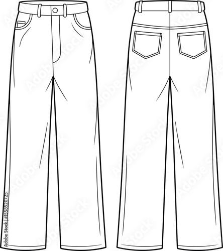Women's Fashion Flat Sketch: Classic Straight-Leg Jeans with Five-Pocket Style, Versatile Denim Apparel Design for Casual, Everyday, and Timeless Street Style Illustration.
