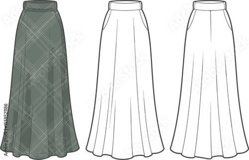 Women's Fashion Flat Sketch: Flowy A-Line Maxi Skirt with Plaid Pattern and Pockets, Versatile Apparel Design for Casual, Elegant, and Everyday Stylish Wear Illustration.