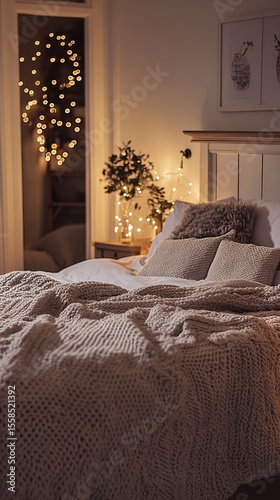 Warm and inviting bedroom with soft lighting and blankets.