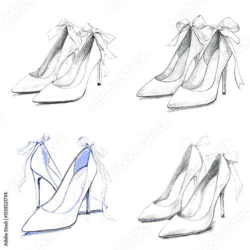 Elegant hand-drawn bridal high heel shoes with ribbon details, perfect for wedding fashion designs, invitations, and feminine accessories.

