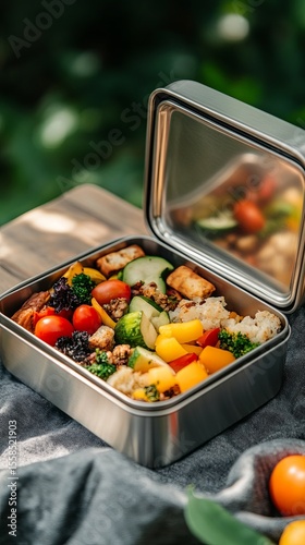 stainless lunchbox open to reveal meal.