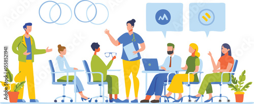 Illustration of a diverse group of people in a meeting with speech bubbles and potted plants around them