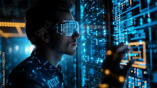 A futuristic IT engineer working in a high-tech server room, surrounded by glowing blue LED lights and holographic data displays, wearing smart glasses, interacting with a floating digital interface