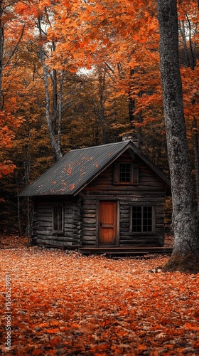 A rustic cabin surrounded by fall foliage.