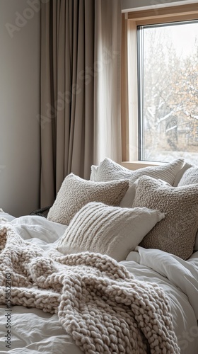Cozy bedroom with soft blankets and pillows.